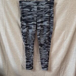 Stylish Gray Camo Leggings with Distressed Accents